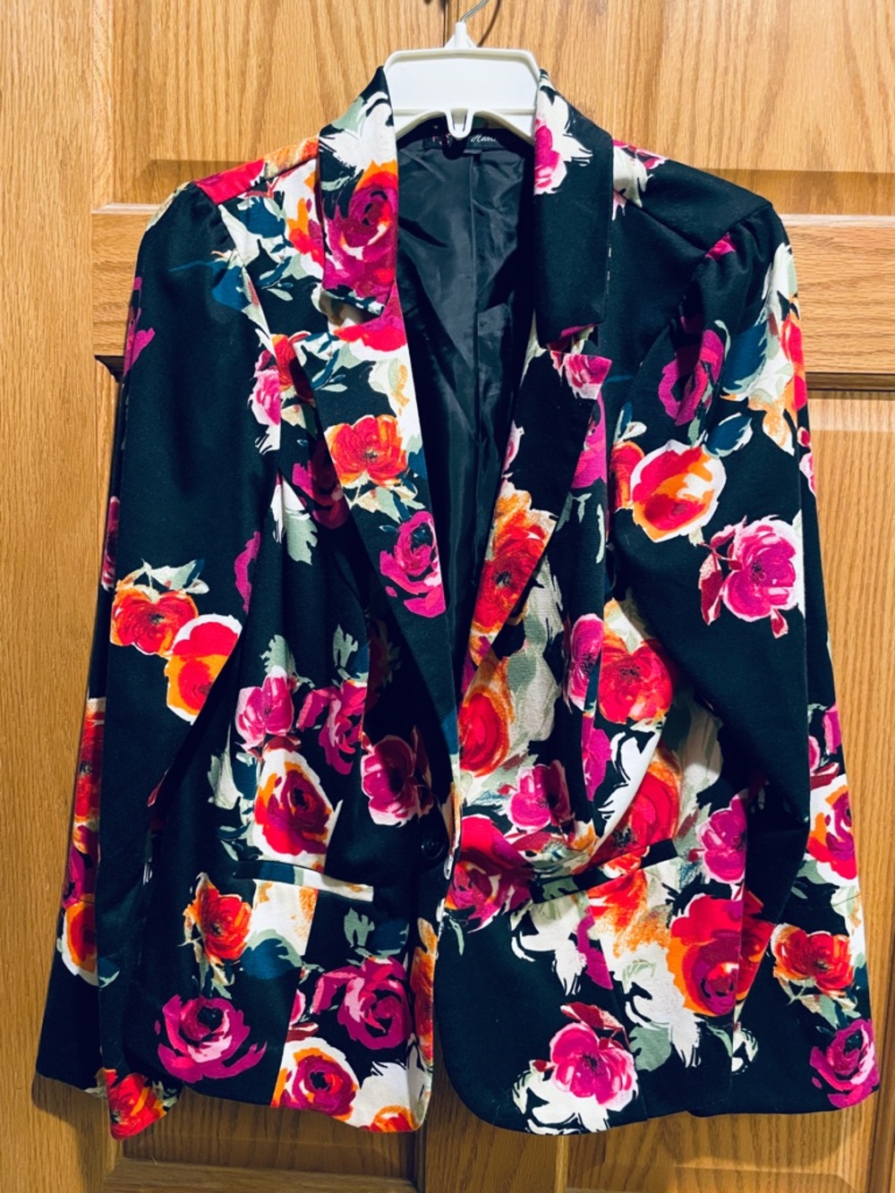 Black Floral Blazer Jacket with Pink & Red Rose Print